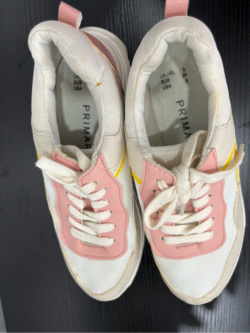 Primark Cream and Pink Lace-Up Chunky Sneakers with Yellow Trim